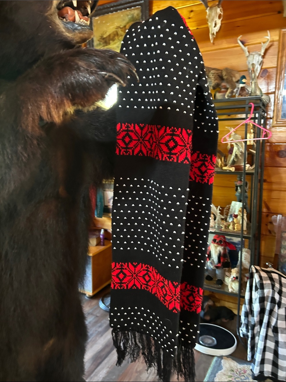 Black and Red Patterned Fringe Wrap Scarf - Elegant Winter Accessory